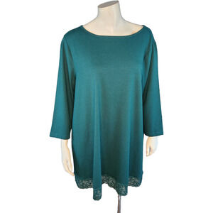 Denim and Co. Womens Tunic Size XL Evergreen Jersey Boatneck Lace Hem 3/4 Sleeve